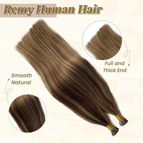 Vista 3 de Extensiones de cabello humano con punta en I para mujeres, reflejos marrones medios con punta en I rubio, extensiones de cabello humano de queratina