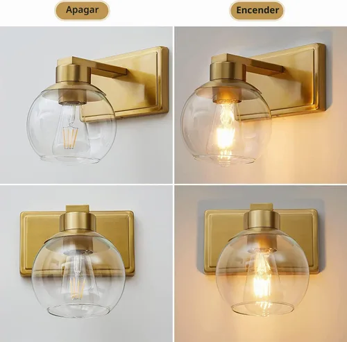Vista 5 de Juego de 2 apliques de baño de latón cepillado, juego de dos apliques de pared dorados, lámpara de tocador de baño con pantalla de vidrio