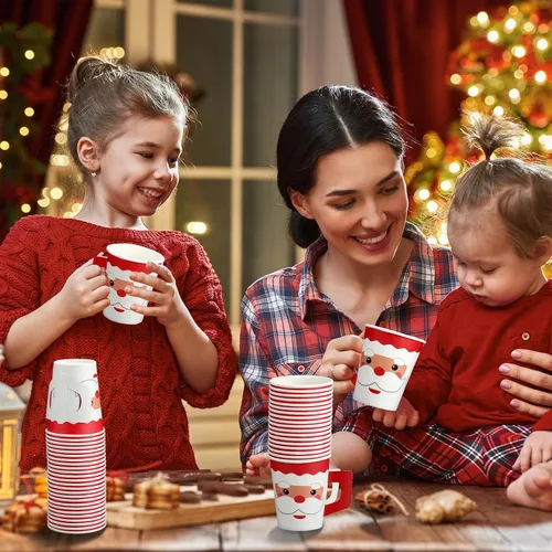 Vista 5 de Tioncy 100 vasos de papel desechables de Navidad con asas, 9 onzas, tazas de café de Papá Noel, lindos vasos desechables de chocolate caliente