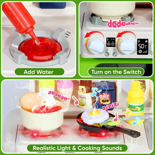 Vista 5 de DRAMATION Juego de Cocina para Niños, Cocina de Juego de 36.22'' para Niños Pequeños de 1-3 con Vapor, Sonido y Luz, Estufa de Cocina, Fregadero