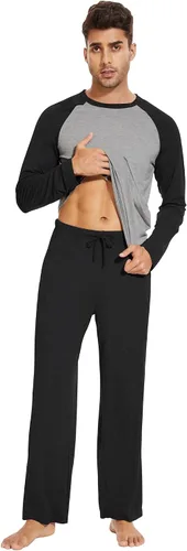 Vista 4 de WiWi Conjunto de pijama de bambú de manga larga para hombre, ropa de dormir de punto cómoda de 2 piezas, conjuntos de ropa de descanso