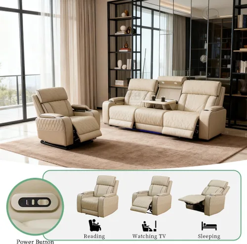Vista 6 de Juego de sofá reclinable eléctrico, seccional de cuero transpirable beige, juego de muebles de sala de estar, 2 piezas, sofá reclinable eléctrico