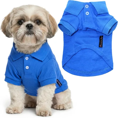 Vista 43 de Camisas Polo Parisian Pet - Camisa de Algodón Transpirable para Perros - Azul Sólido, Ropa de Verano con Capucha - Cuello con Botón para Perros