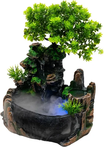 Vista 6 de Fuente de rocalla, fuente de agua de mesa, cascada china de escritorio Fengshui para interiores con lámpara LED efecto de atomización, adecuada
