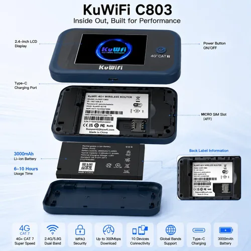 Vista 7 de KuWFi Hotspot WiFi portátil para exteriores, enrutador WiFi 4G LTE Cat7 con tarjeta SIM de datos de 2 GB (requiere itinerancia), batería de 3000