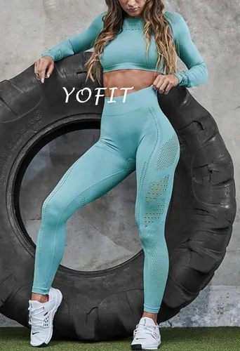 Vista 6 de YOFIT - Conjunto deportivo de 2 piezas leggings de yoga de cintura alta sin costuras y crop top con manga larga para mujer, juego de ropa
