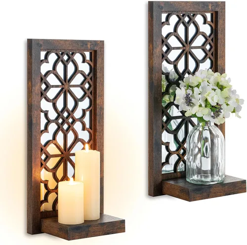 Vista 7 de Juego de 2 candelabros de pared con diseño de desplazamiento Portavelas de pared envejecida de madera tallada, sostiene velas de pilar o jarrones