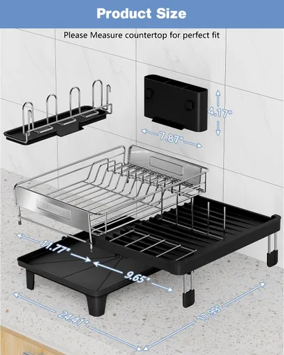 Vista 7 de Escurridor de platos expandible para encimera de cocina, acero inoxidable 304, placa retráctil abatible, ajustable multidireccional, estante