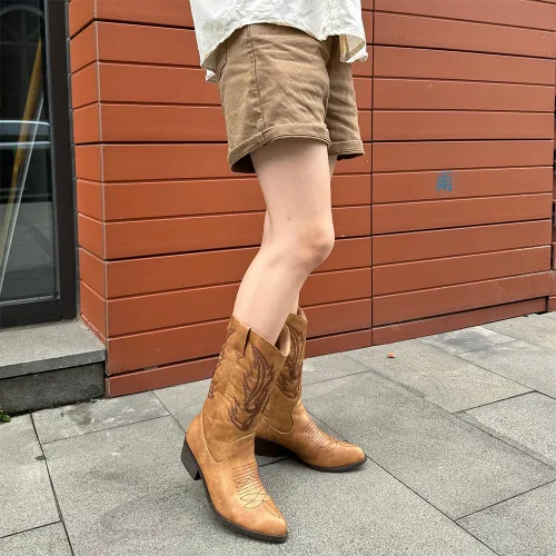 Vista 6 de Botas vaqueras para mujer, punta puntiaguda, a media pantorrilla, zapatos de moda occidental