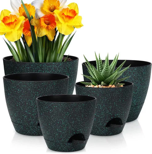 Vista 14 de YNNICO Macetas de 10/9/8/7.5/7 pulgadas, macetas de riego automático con agujeros de drenaje y platillos para plantas de interior y exterior (negro)