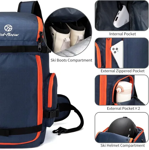Vista 5 de Mochila para botas de esquí, 50 L, gran capacidad, resistente al agua, acolchada, bolsa de viaje de esquí y bolsa para botas de snowboard para botas