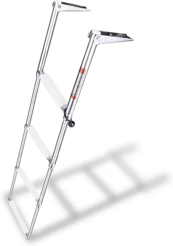 Vista 8 de Young Marine Escalera telescópica y plegable de acero inoxidable para barco con estribo de plástico blanco, montaje sobre plataforma