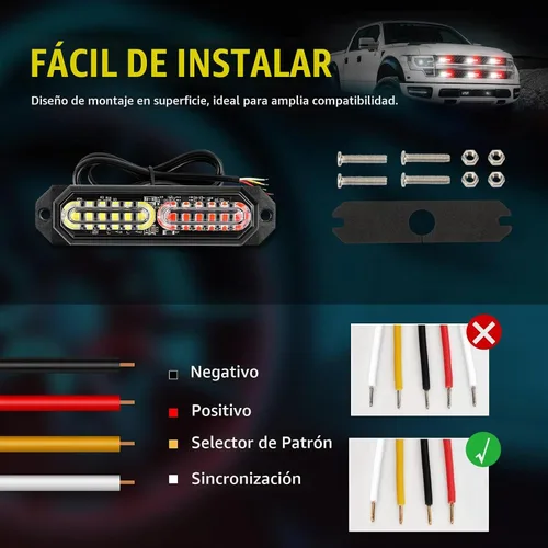 Vista 6 de Luces estroboscópicas LED para camiones, color blanco y rojo, 23 modos intermitentes, 12 LED, luz de parrilla de montaje en superficie de emergencia