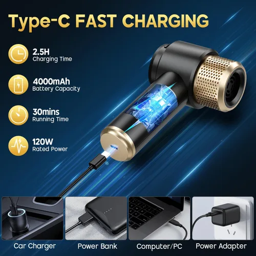 Vista 4 de JONYJ Aspiradora de Mano para Automóvil, 16000PA Aspiradora de Mano Portátil Inalámbrica, 2 en 1 Soplador de Aire y Aspiradora con Luz LED, Negro