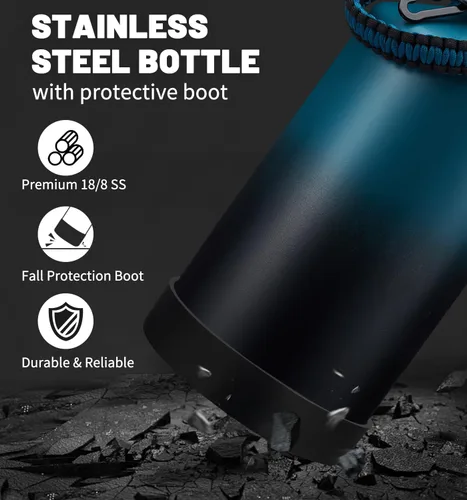 Vista 9 de Botella de agua aislada de 1 galón, con popote y tapa de pico automático, mango de paracord, funda para botella, botella de agua de acero inoxidable
