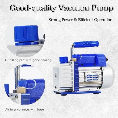 Vista 7 de Bomba de vacío de una sola etapa de 3.5CFM 1/4HP con manómetro múltiple de 3 vías para refrigeración HVAC, compatible con R12, R22, R134A, R502