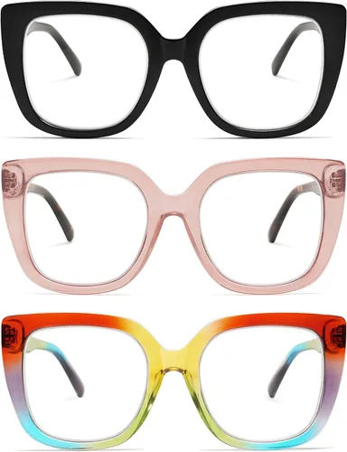 Vista 7 de Paquete de 3 lentes de lectura cuadrados retro de gran tamaño para mujer, grandes y elegantes con bloqueo de luz azul AM6072