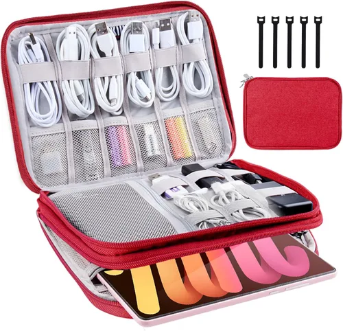 Vista 7 de Organizador de artículos electrónicos, estuche de viaje, organizador de cables, accesorios de viaje, esenciales para mujeres y hombres, bolsa A-Negro