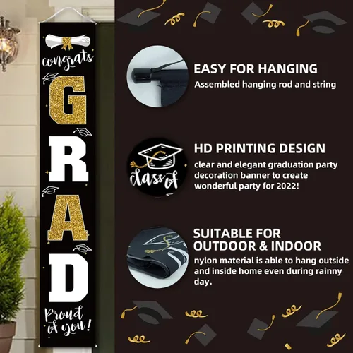 Vista 3 de Decoraciones de graduación 2026, cartel de porche negro dorado para clase de 2026, suministros de fiesta de graduados