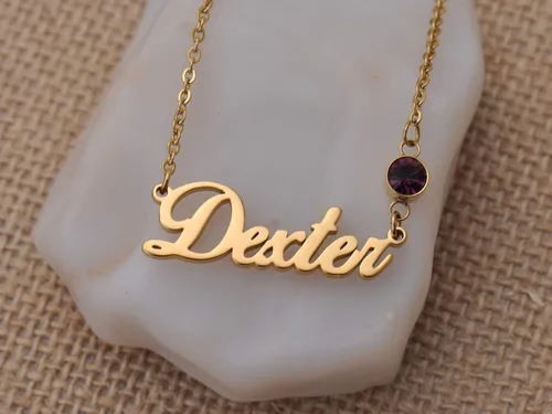 Vista 3 de GR35Z9 Collar personalizado con nombre de piedra natal en oro y plata