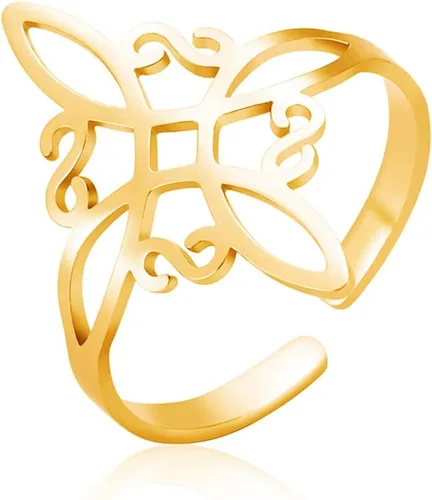 Vista 26 de UNIFT Anillo de nudo de bruja para mujer, de acero inoxidable, estilo geométrico, elegante, elegante, irlandés, nudo celta, ajustable, anillo