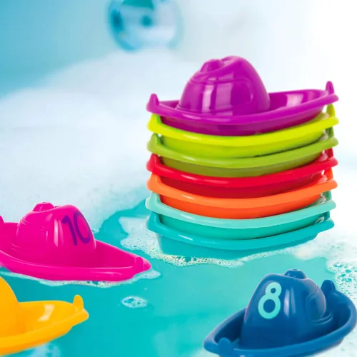 Vista 2 de Battat 10 botes de baño apilables - Horario de baño numerado y apilable - Juguetes flotantes para el baño, piscina, playa - Juguetes educativos