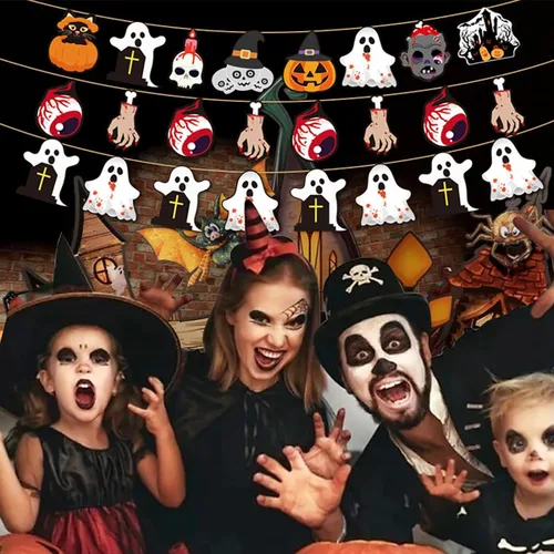 Vista 2 de Adornos de árbol de Halloween, colgantes colgantes de fantasma, diseño de impresión de doble cara, diseño de ojos, calavera, mano, calabaza, adornos