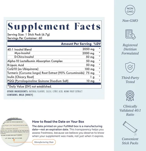 Vista 4 de FullWell Alpha Inositol+ Stick Packs - Ayuda hormonal, ovárica y metabólica - 40:1 mio-inositol a D-quiro-inositol - Crema de naranja - 60