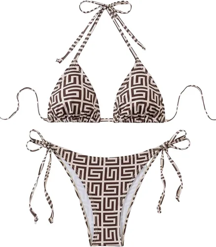 Vista 14 de ZAFUL Bikinis triangulares estampados para mujer, 2 piezas, bikini halter, traje de baño de corte alto, traje de baño con lazo lateral 0-negro a