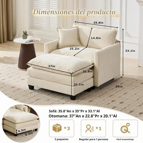Vista 2 de Sofá individual modular de chenilla con otomana, sofá nube con almohada, color beige