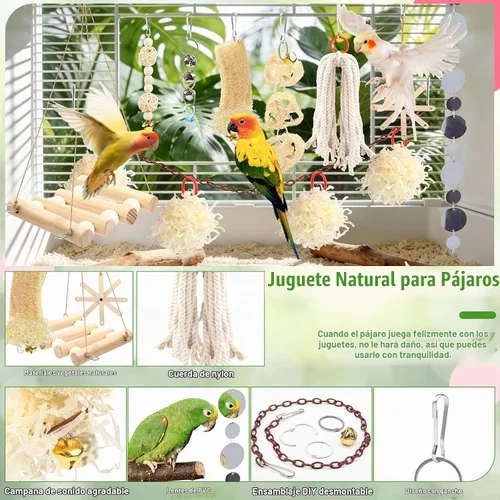 Vista 6 de QUOZUO 9 piezas de juguetes de loro, periquito para pájaros, accesorios para jaula de pájaros, cuerda de columpio, perca de madera, juguetes