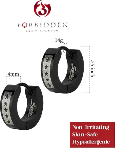 Vista 2 de Pendientes de aro Huggie de acero inoxidable con patrón de estrella semi mate negro para hombres, Metal