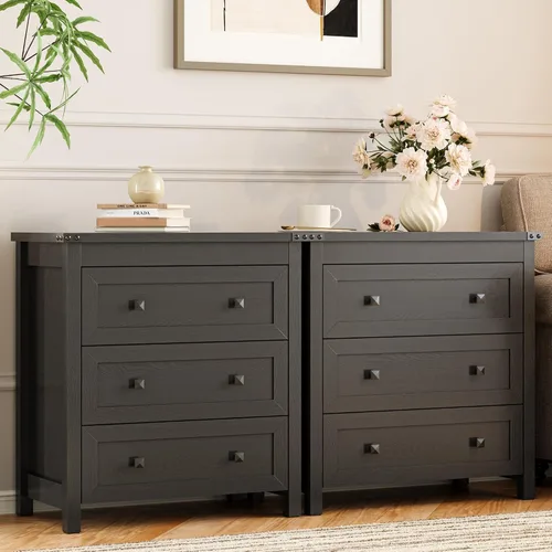 Vista 6 de Cómoda para dormitorio con 3 cajones, cajones pequeños de 27.55" de ancho, cómoda de madera estilo granja, mesita de noche, gabinete de cabecera