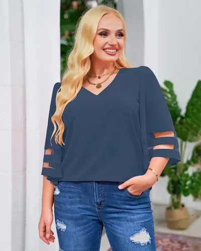 Vista 9 de LookbookStore - Blusa para mujer con paneles de malla, cuello en V, manga acampanada de 34 y corte holgado