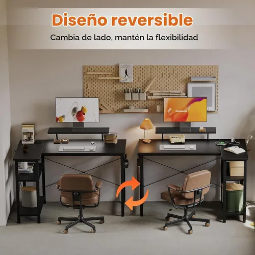 Vista 9 de Mericonia Escritorio para Computadora en Forma de L con Tomas de Corriente, Escritorio de Juegos Reversible con Estantes de Almacenamiento y Soporte