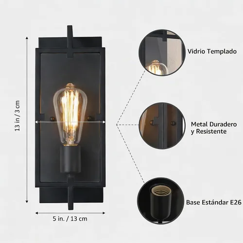 Vista 4 de Lámpara de baño de 1 luz, aplique de pared negro mate con pantalla de vidrio transparente, lámpara de pared interior con base E26 para espejo, sala