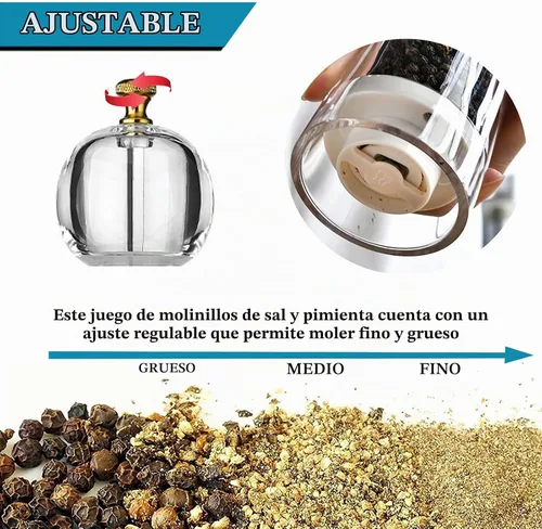 Vista 3 de Juego de 2 molinillos de sal y pimienta, manuales ajustables de acrílico transparente con cuerpo transparente recargable, núcleo de molienda