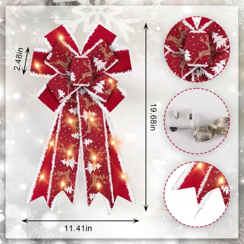 Vista 2 de Hying Lazos Grandes de Navidad - Lazo de Corona de Terciopelo Rojo con Luz LED para Decoración de Invierno, Adorno para la Copa del Árbol