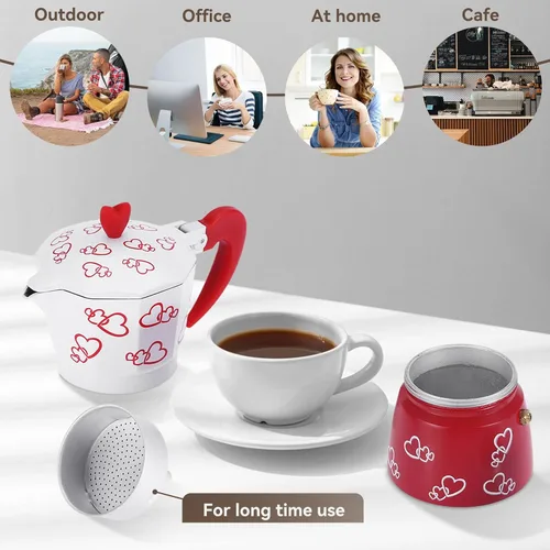 Vista 6 de HERCHR Red Heart - Olla de aluminio para moka, cafetera de café expreso con mango ergonómico antideslizante para verter sobre la cafetera