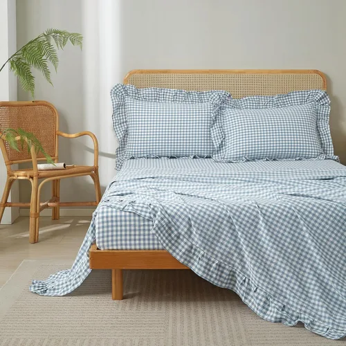 Vista 4 de LifeTB Gingham Ruffle Twin Sheets Set Soft Microfiber Blue Plaid Bed Sheets Volante - Azul Gingham