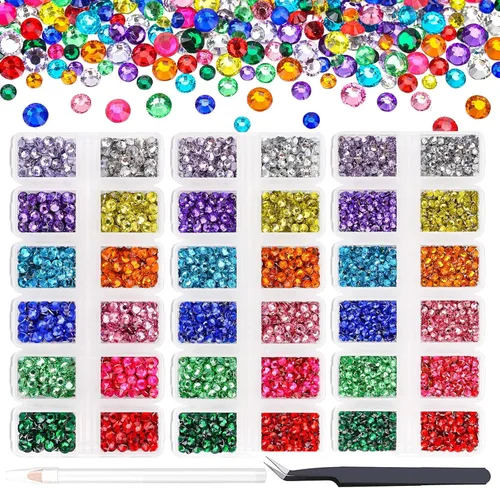 Vista 35 de 27000PCs Resin Rhinestones Kit, 2-6mm Crystal Diamond Gems with Picker Pencil, Tweezer & 2 Glue Bottles, Flatback Rhinestone Set for Diamond