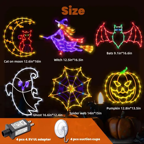 Vista 4 de Decoraciones de Luces de Siluetas para Ventana de Halloween de 16" - Paquete de 6 Colores Iluminados Gato en Luna y Fantasma y Telaraña y Calabaza