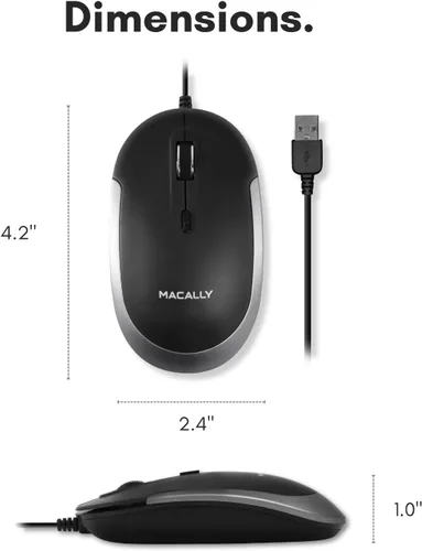 Vista 5 de Macally Ratón silencioso con cable Ratón USB delgado y compacto para Apple Mac o Windows PC portátilescritorio Diseñado con sensor óptico e