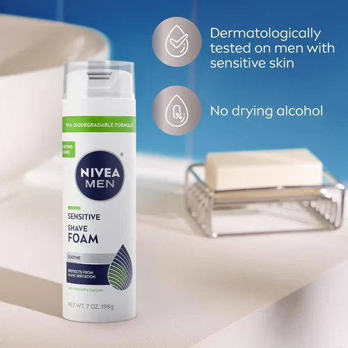 Vista 7 de NIVEA MEN - Espuma de afeitado sensible con vitamina E, extractos calmantes de manzanilla y hamamelis, paquete de 6 latas de 7 onzas