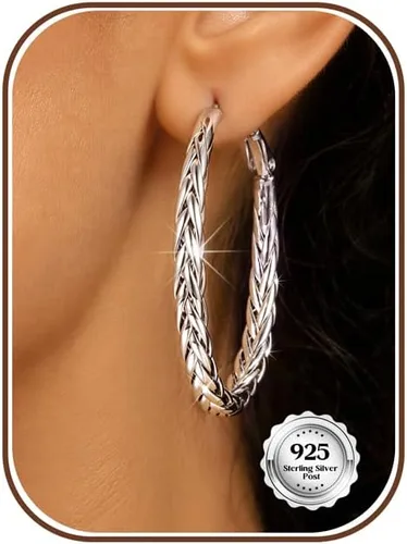 Vista 14 de Aretes de aro grandes de plata de ley 925 para mujer, 0.787/1.181/1.575 Circonita trenzada dorada