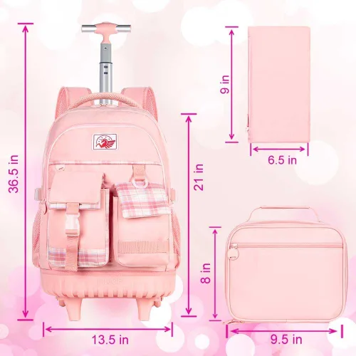 Vista 3 de AGSDON Mochila con ruedas para niñas, 21 pulgadas, con ruedas enrollables, para laptop, mochila escolar con bolsa de almuerzo para adolescentes