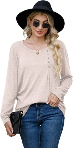 Vista 2 de JINKESI Blusa casual de manga larga para mujer, cuello redondo