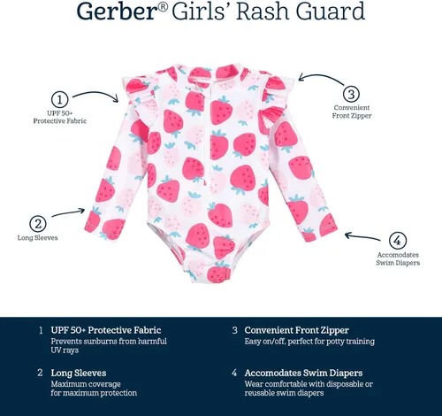 Vista 4 de Gerber Traje de baño de una pieza de manga larga para bebés y niñas