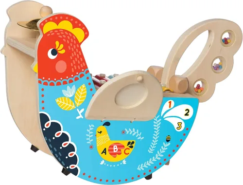 Vista 2 de Manhattan Toy Pollo Musical Instrumento de Madera para Niños Pequeños con Xilófono, Baquetas, Platillo y Maraca, Azul
