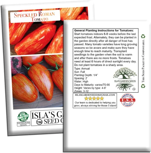Vista 7 de Semillas de tomate romano moteadas (Lycopersicon lycopersicum) – Más de 100 semillas tradicionales sin OMG de Isla's Garden Seeds, pasta a rayas